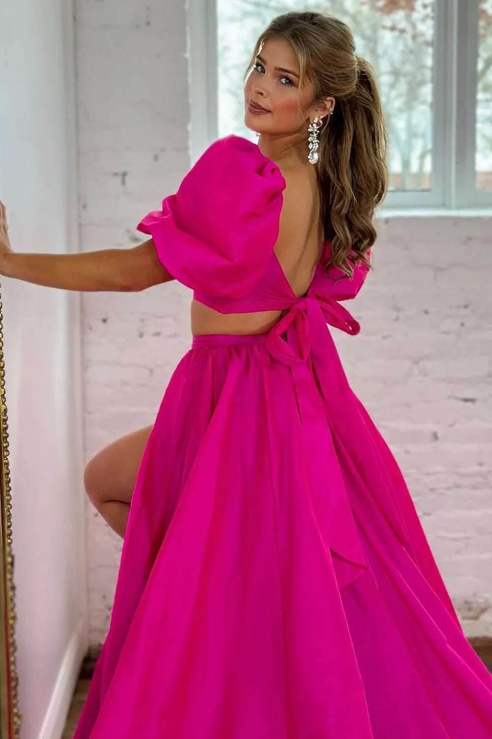 Wholesale Hot Pink A-Line Two Pieces Square Neck Long Satin Prom Dress With Split prom dresses shops