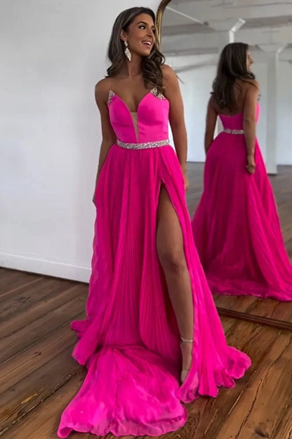 Wholesale Hot Pink Strapless A-Line Sweep Train Prom Dress With Beaded Belt prom dresses shops