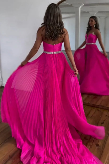 Wholesale Hot Pink Strapless A-Line Sweep Train Prom Dress With Beaded Belt prom dresses shops