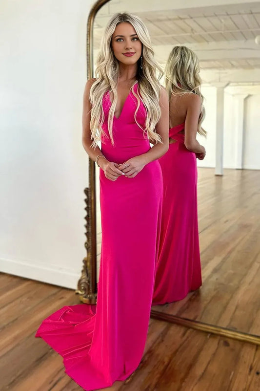 Wholesale Hot Pink V-Neck Cross Back Long Satin Corset Prom Party Dress prom dress in store