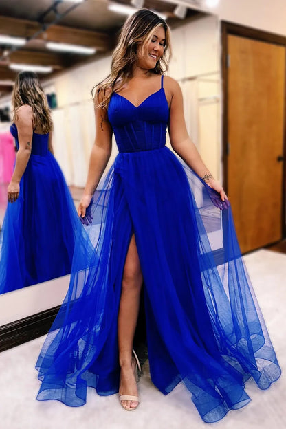 Wholesale Simple Elegant Royal Blue Spaghetti Straps A-Line Long Tulle Prom Dress with Slit prom dresses shops