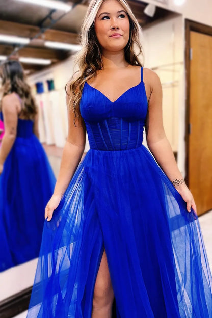 Wholesale Simple Elegant Royal Blue Spaghetti Straps A-Line Long Tulle Prom Dress with Slit prom dresses shops