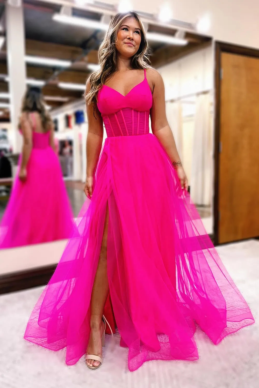 Wholesale Simple Elegant Hot Pink Spaghetti Straps A-Line Long Tulle Prom Dress with Slit prom dresses shops