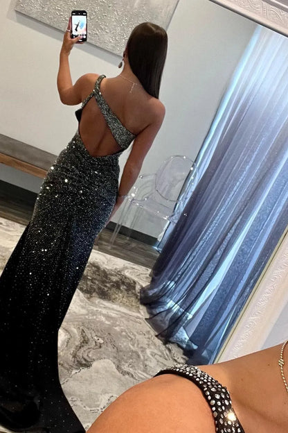 Wholesale Black Sparkly Mermaid One Shoulder Keyhole Back Long Beaded Prom Dress prom dresses shops