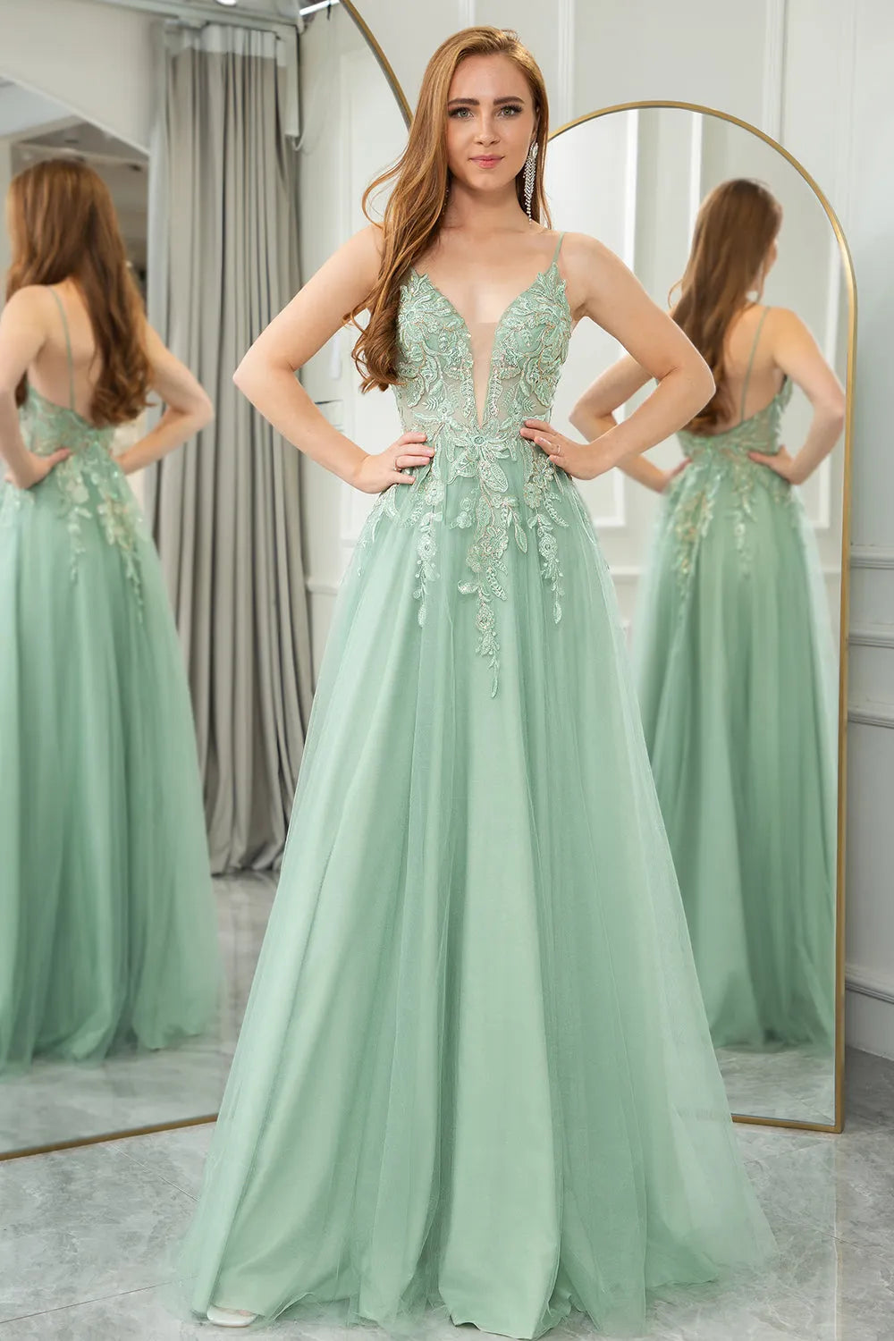 Wholesale Green A-Line Tulle Backless Long Prom Dress With Glitter Appliques prom dresses shops