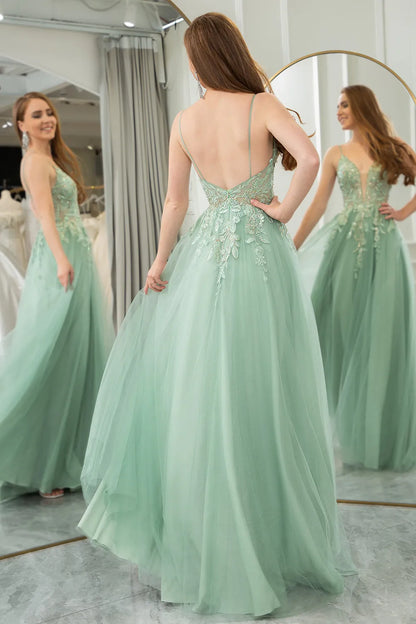 Wholesale Green A-Line Tulle Backless Long Prom Dress With Glitter Appliques prom dresses shops