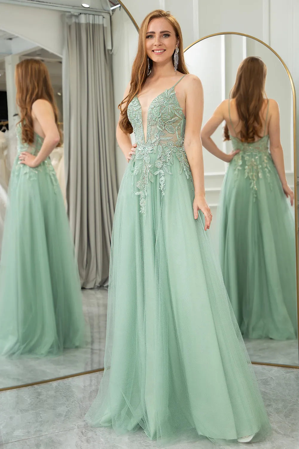 Wholesale Green A-Line Tulle Backless Long Prom Dress With Glitter Appliques prom dresses shops