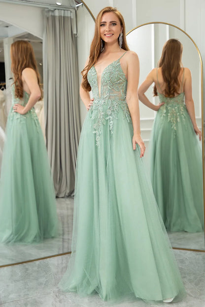 Wholesale Green A-Line Tulle Backless Long Prom Dress With Glitter Appliques prom dresses shops