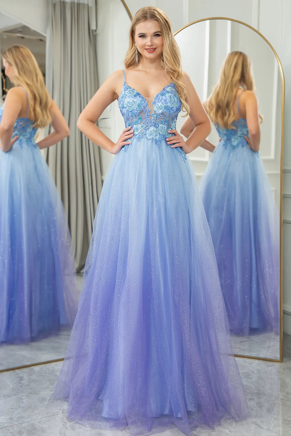 Wholesale Glitter A Line Tulle Spaghetti Straps Long Prom Dress With Appliques prom dresses shops