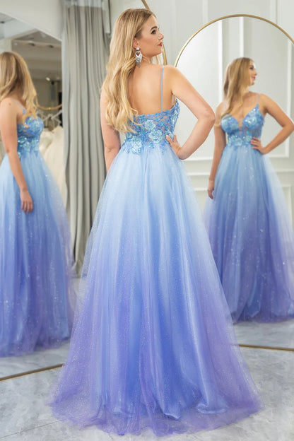 Wholesale Glitter A Line Tulle Spaghetti Straps Long Prom Dress With Appliques prom dresses shops