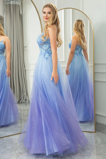 Wholesale Glitter A Line Tulle Spaghetti Straps Long Prom Dress With Appliques prom dresses shops