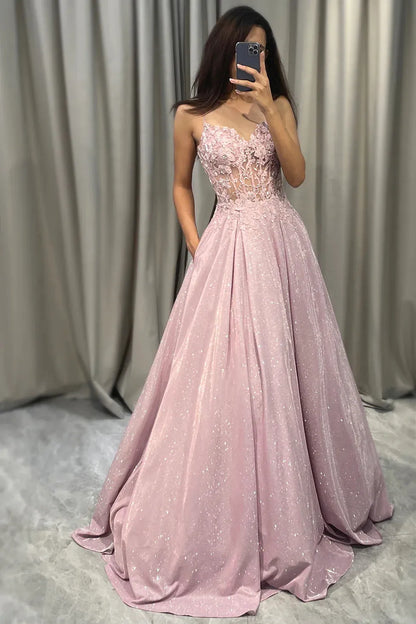 Wholesale Sparkly Blush A Line Spaghetti Straps Long Prom Dress WIth Pockets prom dresses shops