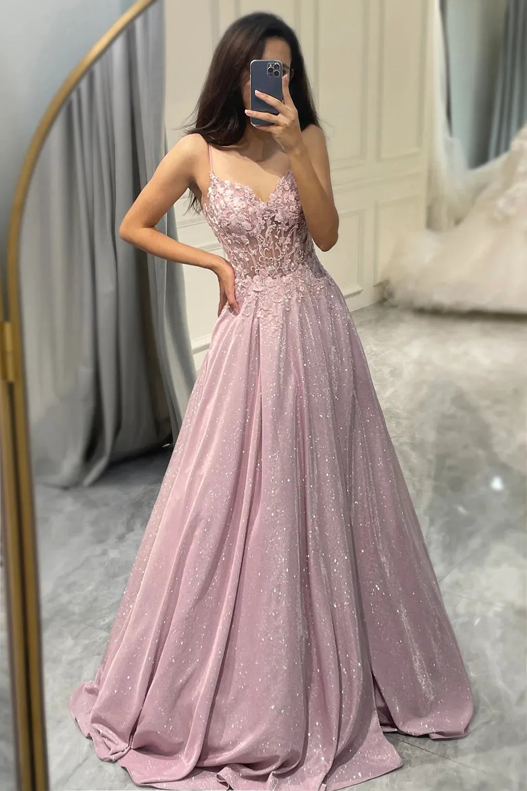 Wholesale Sparkly Blush A Line Spaghetti Straps Long Prom Dress WIth Pockets prom dresses shops