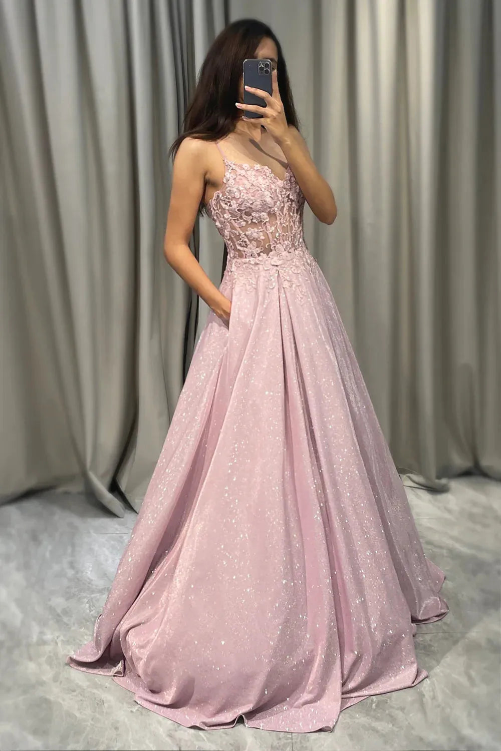 Wholesale Sparkly Blush A Line Spaghetti Straps Long Prom Dress WIth Pockets prom dresses shops