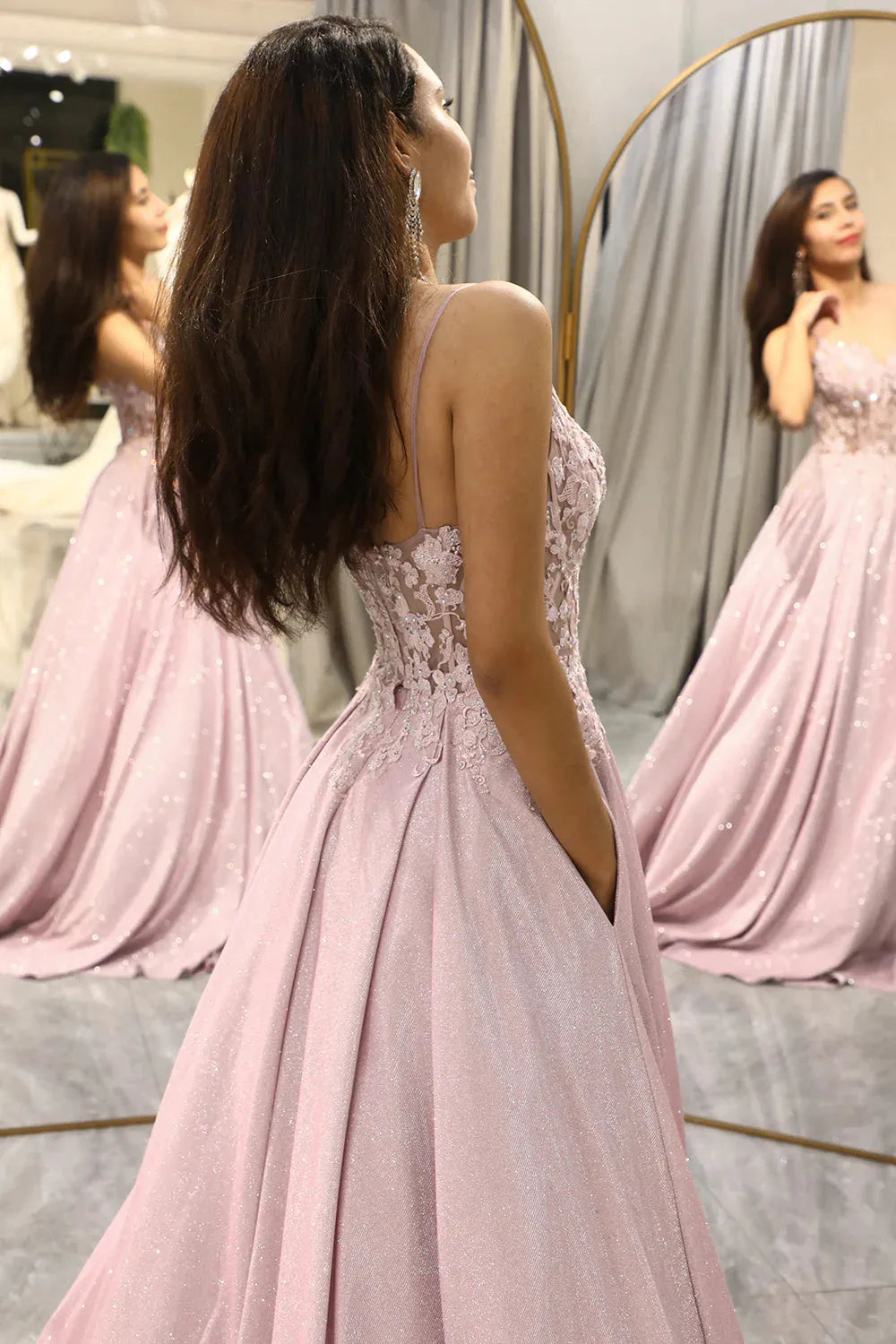 Wholesale Sparkly Blush A Line Spaghetti Straps Long Prom Dress WIth Pockets prom dresses shops