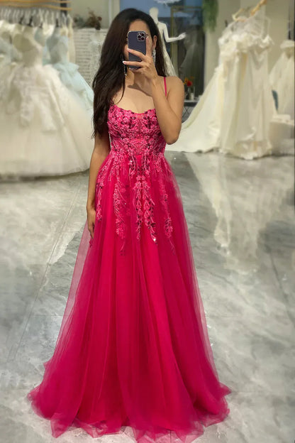 Wholesale Fuchsia A Line Long Tulle Corset Appliqued Prom Dress prom dresses shops