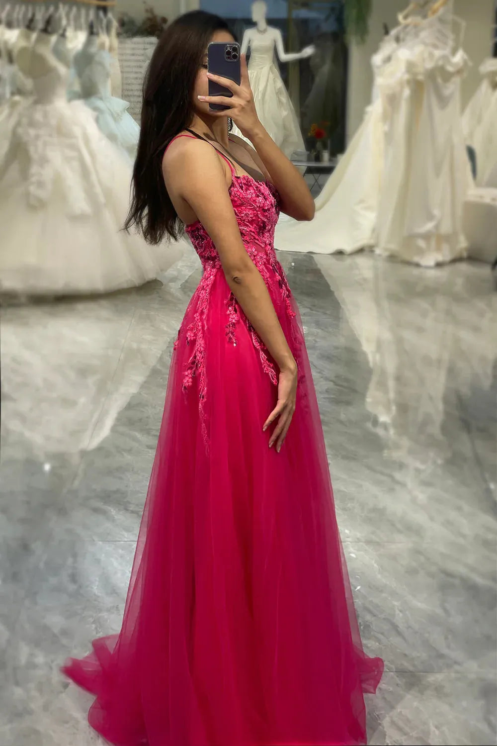 Wholesale Glitter A Line Spaghetti Straps Long Tulle Prom Dress With Appliques prom dresses shops