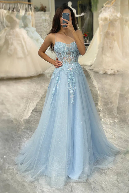 Wholesale Glitter A Line Spaghetti Straps Long Tulle Prom Dress With Appliques prom dresses shops