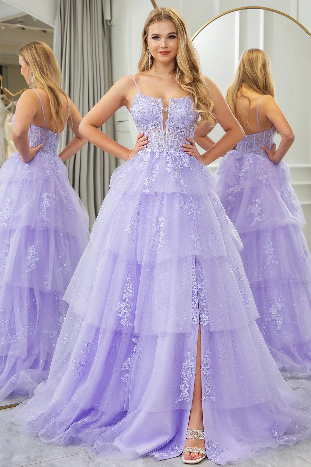 Wholesale Lilac A Line Long Tiered Tulle Prom Dress With Slit And Appliques prom dresses shops