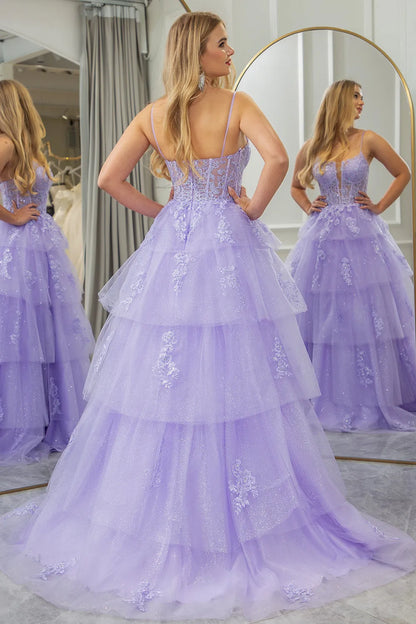 Wholesale Lilac A Line Long Tiered Tulle Prom Dress With Slit And Appliques prom dresses shops