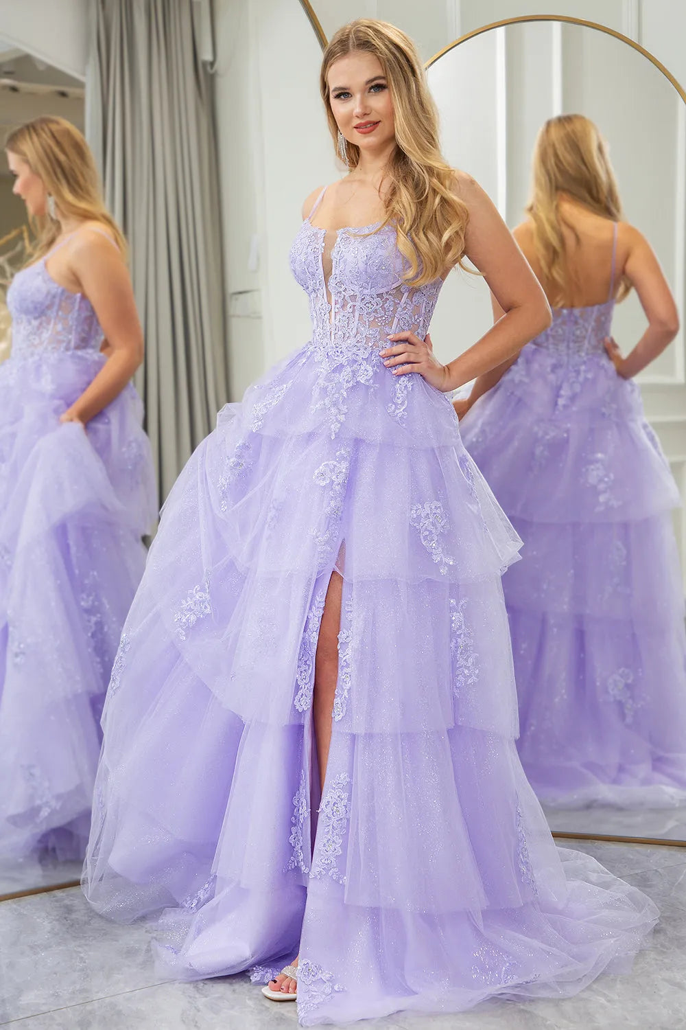 Wholesale Lilac A Line Long Tiered Tulle Prom Dress With Slit And Appliques prom dresses shops