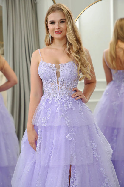 Wholesale Lilac A Line Long Tiered Tulle Prom Dress With Slit And Appliques prom dresses shops