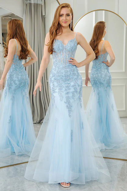 Wholesale Light Blue Mermaid Spaghetti Straps Long Corset Prom Dress With Appliques prom dresses shops