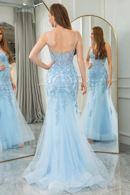 Wholesale Light Blue Mermaid Spaghetti Straps Long Corset Prom Dress With Appliques prom dresses shops