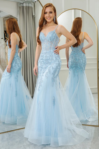 Wholesale Light Blue Mermaid Spaghetti Straps Long Corset Prom Dress With Appliques prom dresses shops