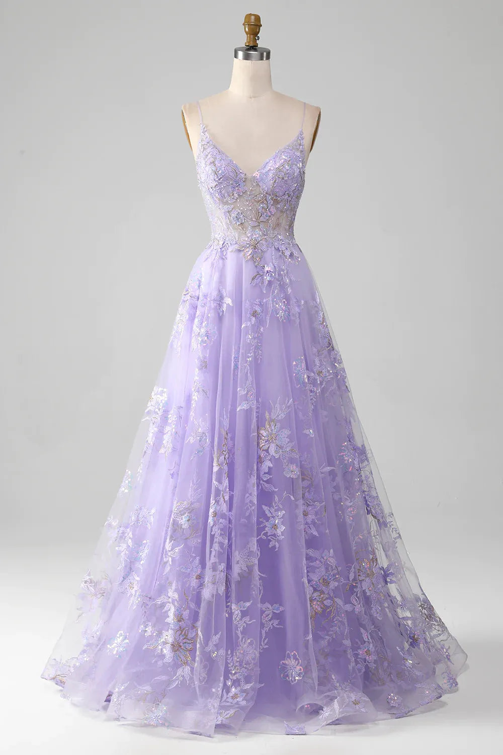 Wholesale Romantic Purple A Line Spaghetti Straps Long Tulle Prom Dress With Appliques prom dresses shops