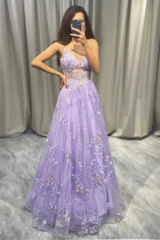 Wholesale Romantic Purple A Line Spaghetti Straps Long Tulle Prom Dress With Appliques prom dresses shops