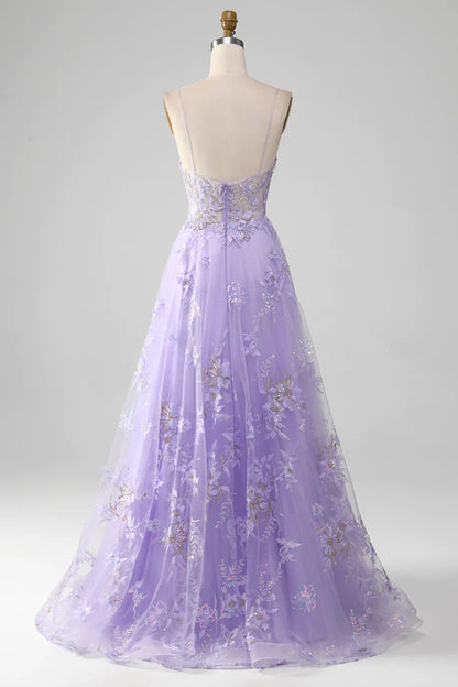 Wholesale Romantic Purple A Line Spaghetti Straps Long Tulle Prom Dress With Appliques prom dresses shops