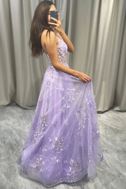 Wholesale Romantic Purple A Line Spaghetti Straps Long Tulle Prom Dress With Appliques prom dresses shops