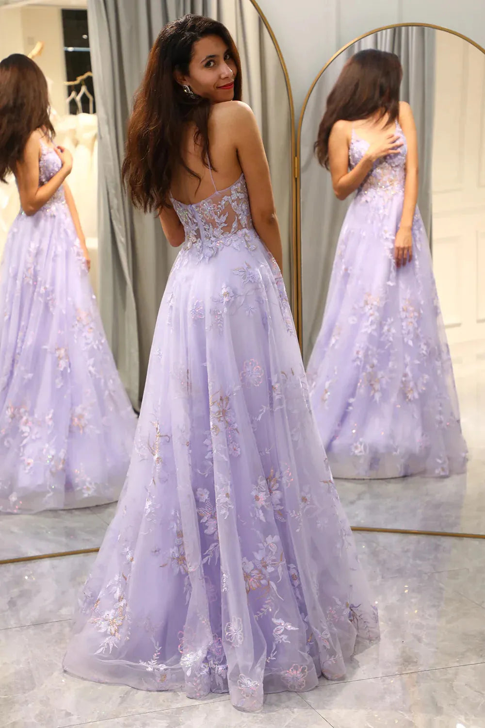 Wholesale Romantic Purple A Line Spaghetti Straps Long Tulle Prom Dress With Appliques prom dresses shops