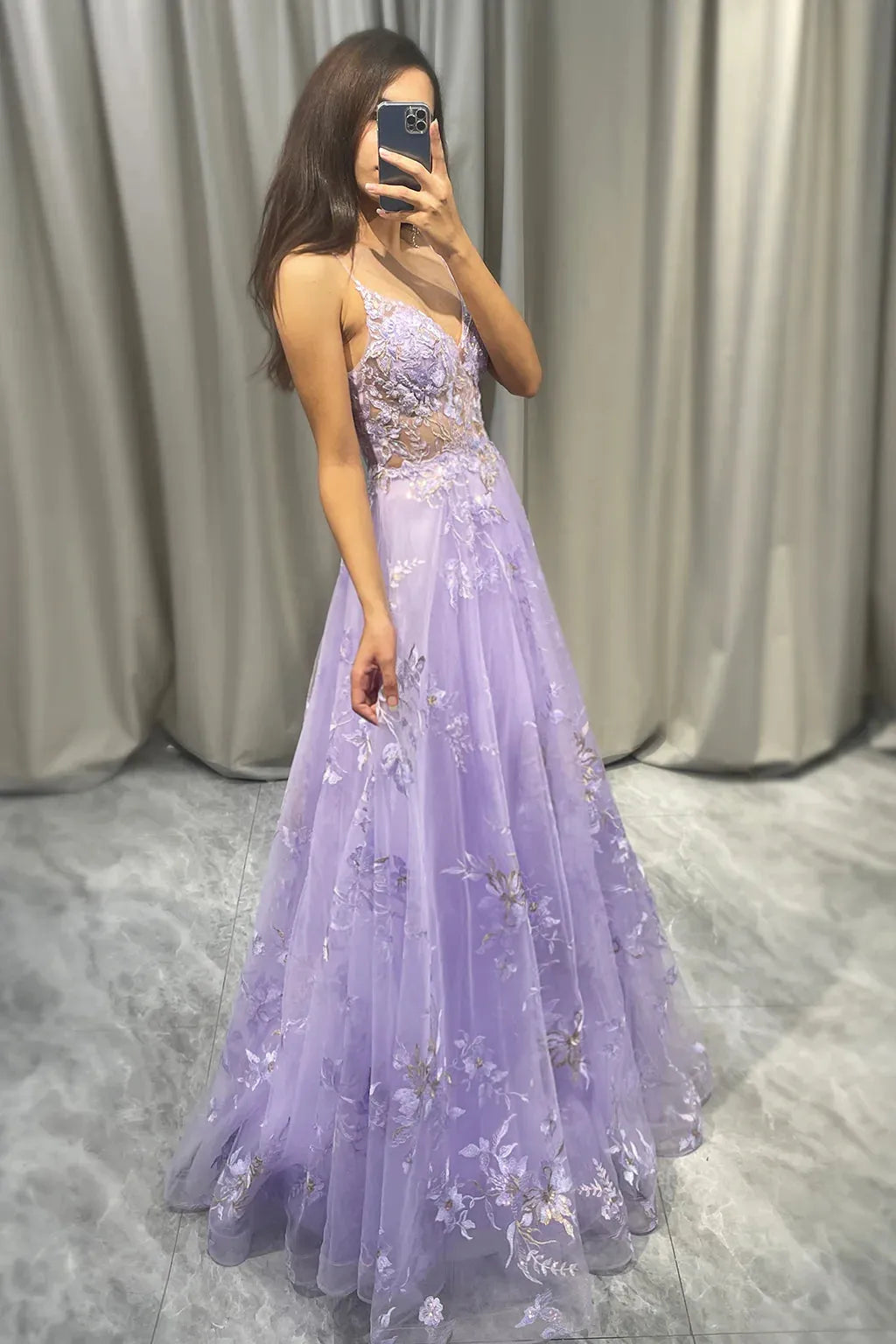 Wholesale Romantic Purple A Line Spaghetti Straps Long Tulle Prom Dress With Appliques prom dresses shops