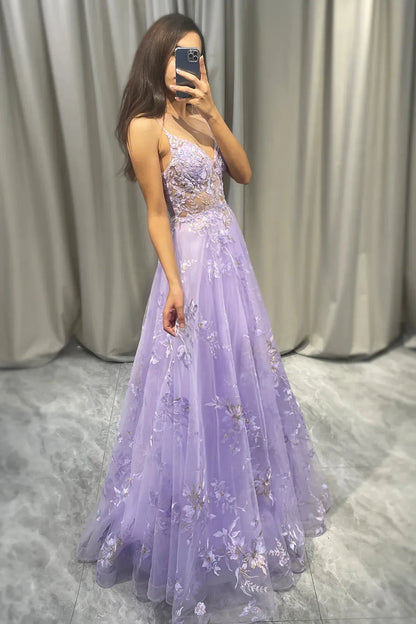 Wholesale Romantic Purple A Line Spaghetti Straps Long Tulle Prom Dress With Appliques prom dresses shops