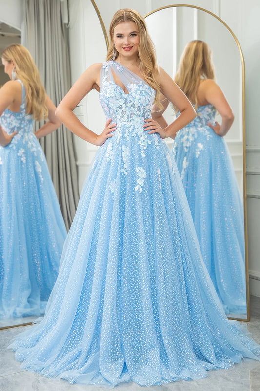 Wholesale Light Blue A Line One Shoulder Long Tulle Prom Dress With Appliques prom dresses shops