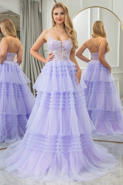 Wholesale Lilac A Line Sweep Train Tiered Tulle Corset Prom Dress With Sequin prom dresses shops