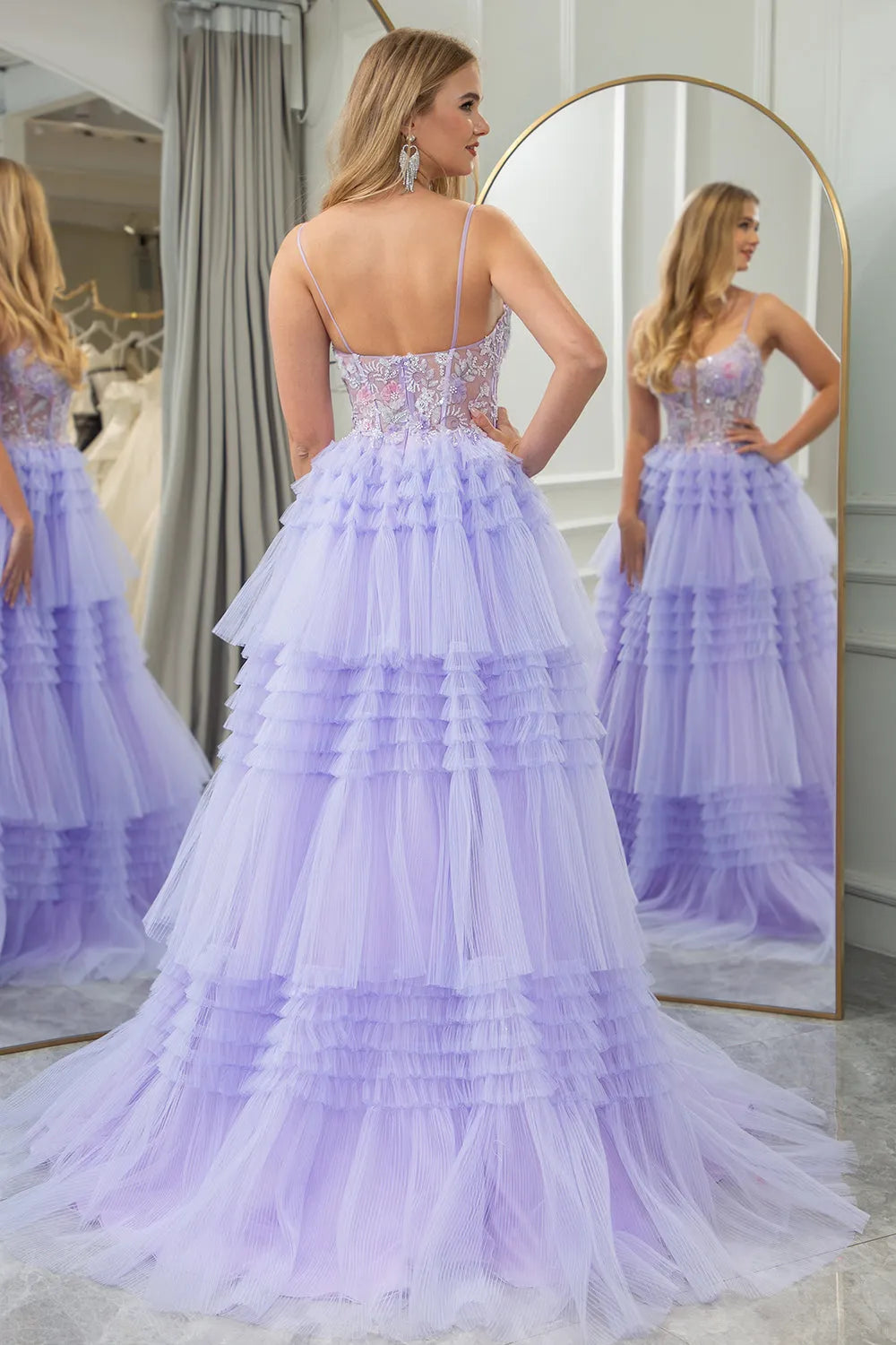 Wholesale Lilac A Line Sweep Train Tiered Tulle Corset Prom Dress With Sequin prom dresses shops