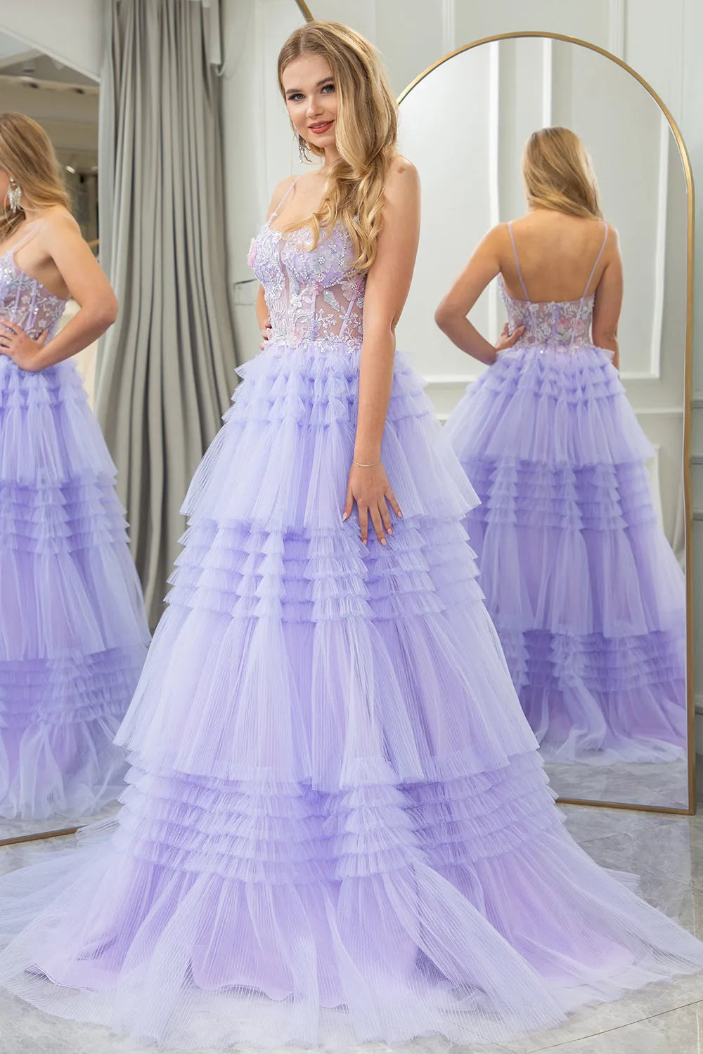 Wholesale Lilac A Line Sweep Train Tiered Tulle Corset Prom Dress With Sequin prom dresses shops