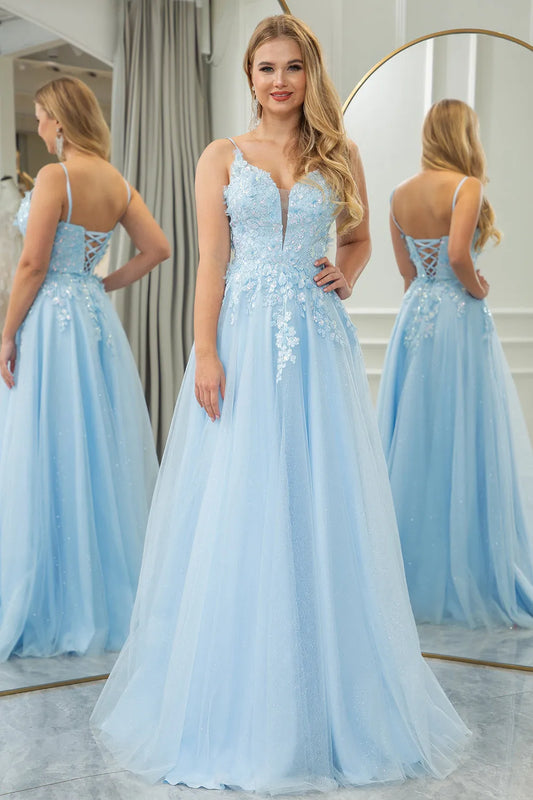 Wholesale Light Blue A Line Lace Up Tulle Long Prom Dress With Appliques prom dresses shops