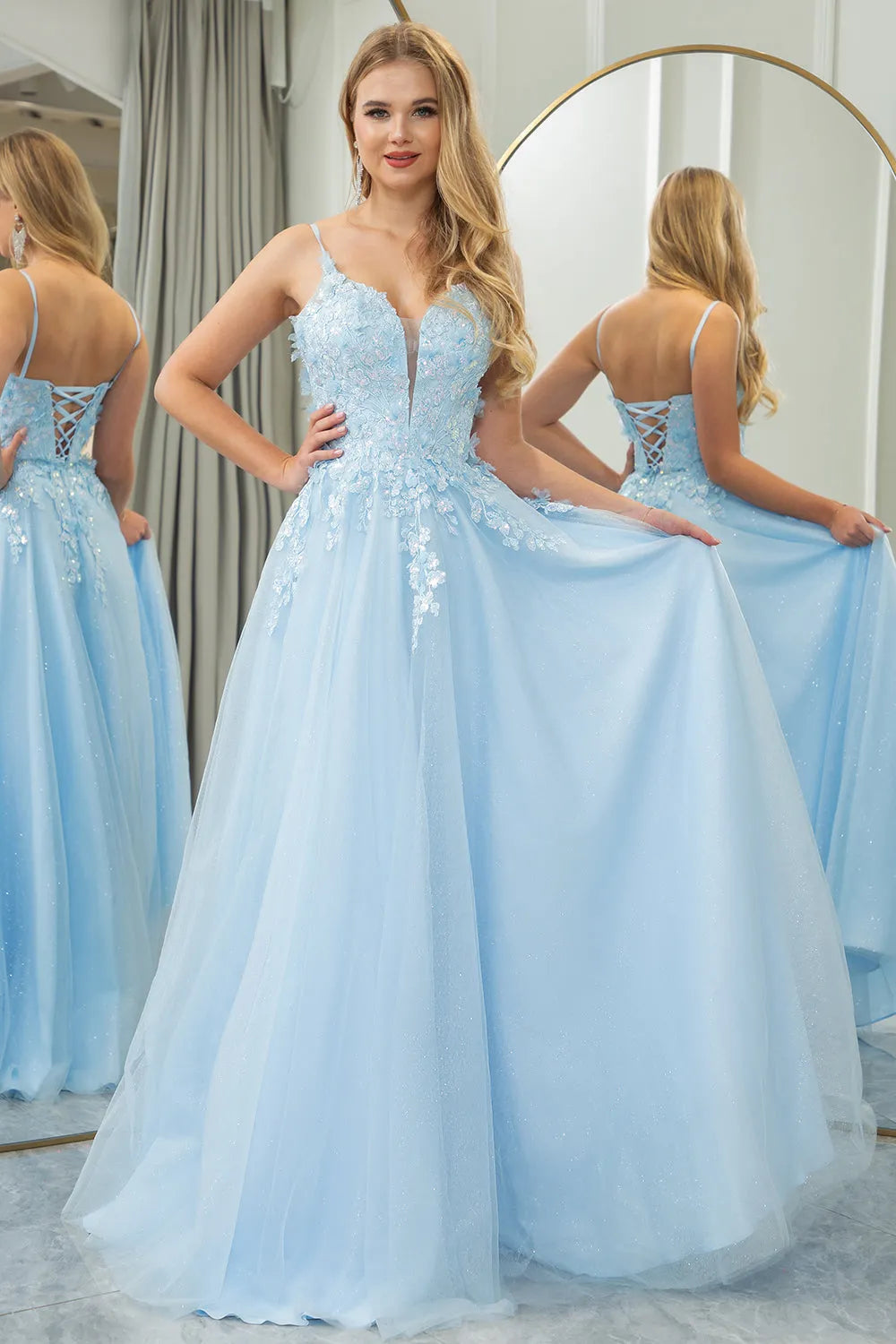 Wholesale Light Blue A Line Lace Up Tulle Long Prom Dress With Appliques prom dresses shops