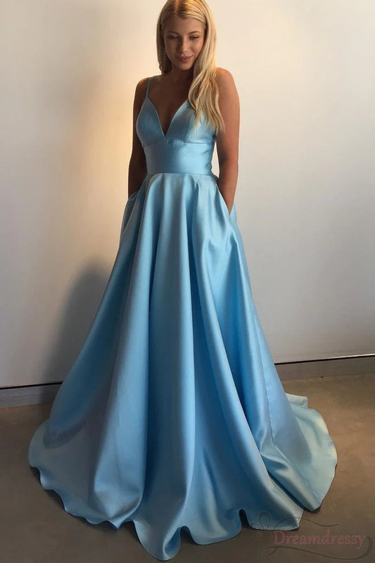 Wholesale Light Blue A-line Spaghetti Straps Long Prom Dresses With Pocket