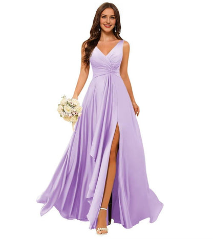 Wholesale Stylefun Double V Neck Satin Bridesmaid Dresses for Women Long Ruffled Split A-line Formal Party Dresses prom dresses shops