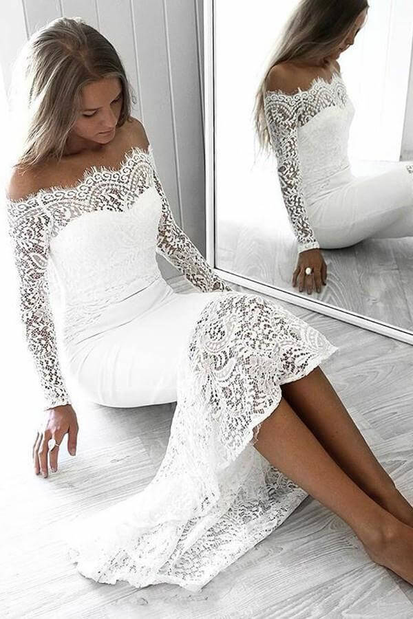 Wholesale Long Sleeve Lace Appliques Sheath White Prom Dresses Off the Shoulder