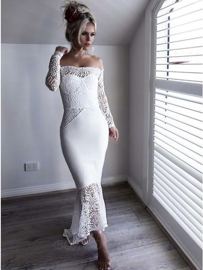 Wholesale Long Sleeve Lace Appliques Sheath White Prom Dresses Off the Shoulder