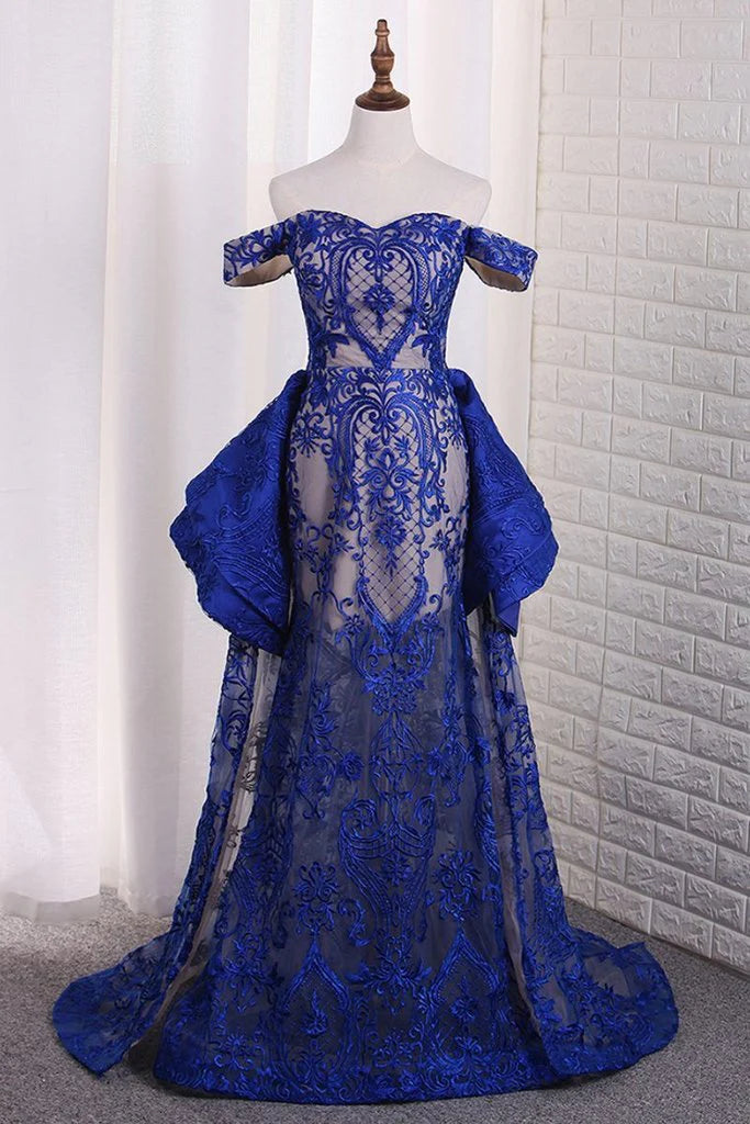 Wholesale Luxurious Mermaid Off The Shoulder Prom Dresses Lace Sweep Train