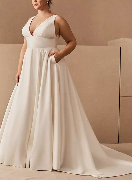 Wholesale A-Line/Princess V-Neck Plus Size Wedding Dress With Pockets