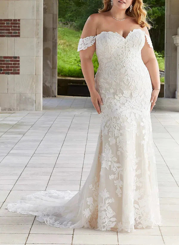 Wholesale Trumpet/Mermaid Off-The-Shoulder Plus Size Lace Wedding Dress With Applique