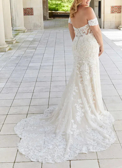 Wholesale Trumpet/Mermaid Off-The-Shoulder Plus Size Lace Wedding Dress With Applique